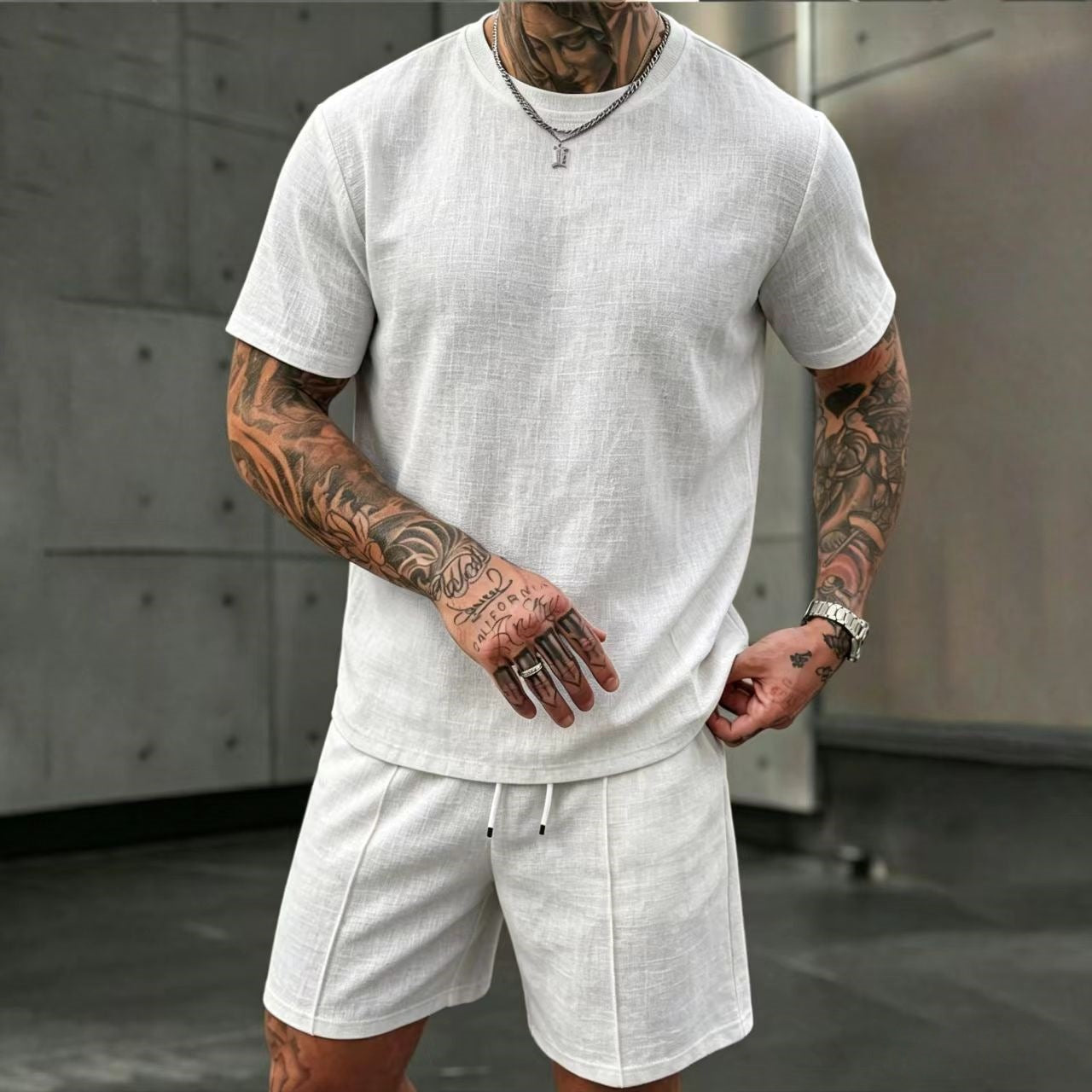 S-3XL Summer Men’s Linen Round-Neck Short-Sleeve Shorts Set For Vacation
