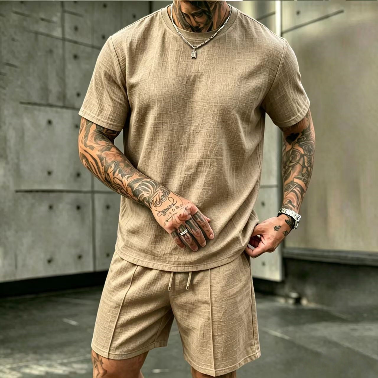 S-3XL Summer Men’s Linen Round-Neck Short-Sleeve Shorts Set For Vacation
