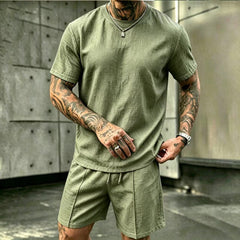 S-3XL Summer Men’s Linen Round-Neck Short-Sleeve Shorts Set For Vacation