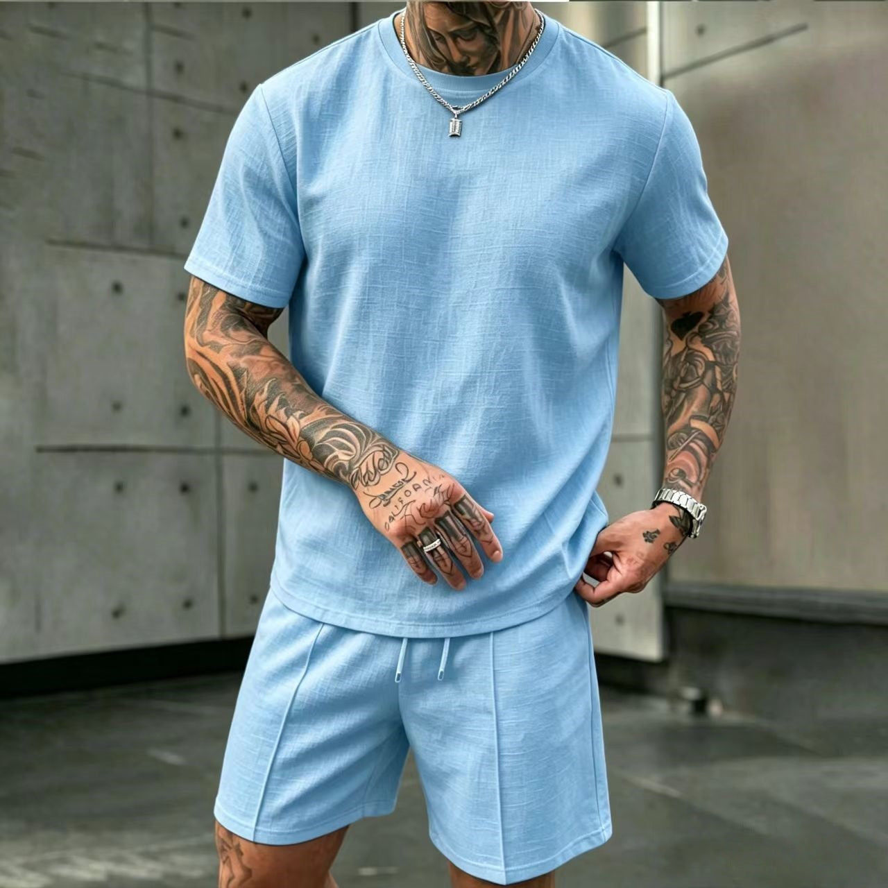 S-3XL Summer Men’s Linen Round-Neck Short-Sleeve Shorts Set For Vacation