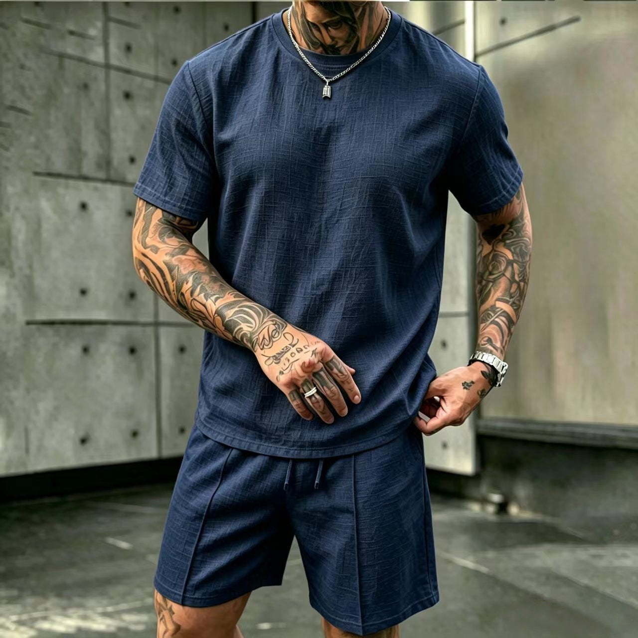 S-3XL Summer Men’s Linen Round-Neck Short-Sleeve Shorts Set For Vacation
