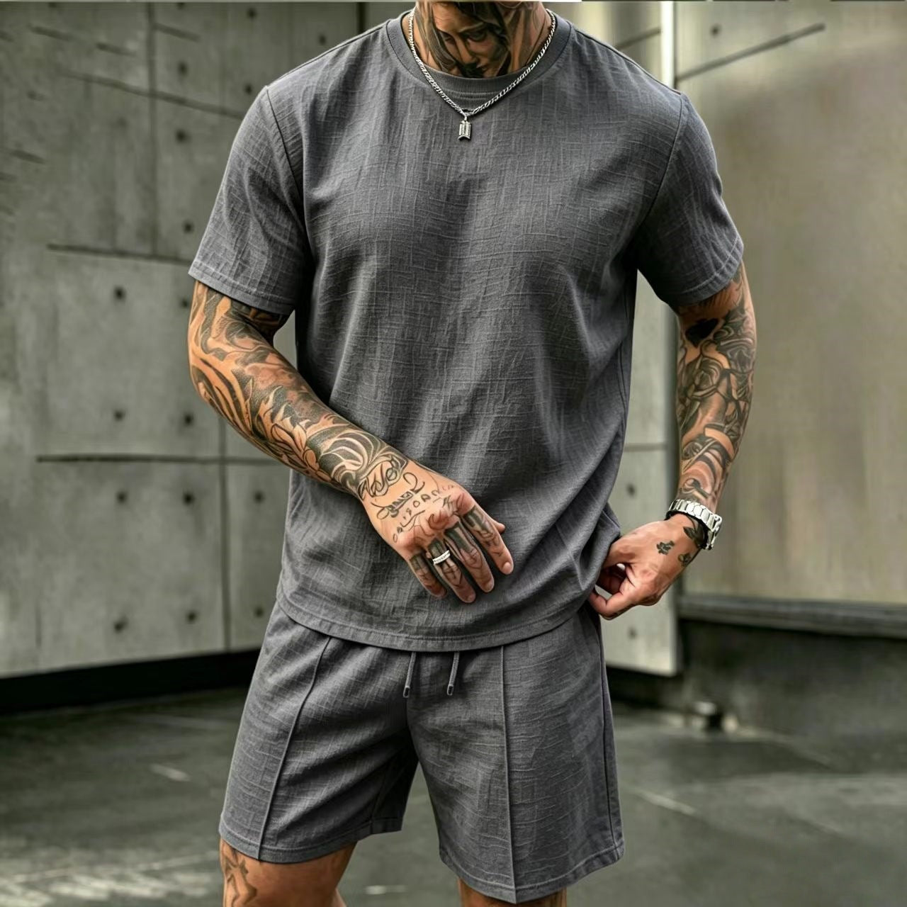 S-3XL Summer Men’s Linen Round-Neck Short-Sleeve Shorts Set For Vacation