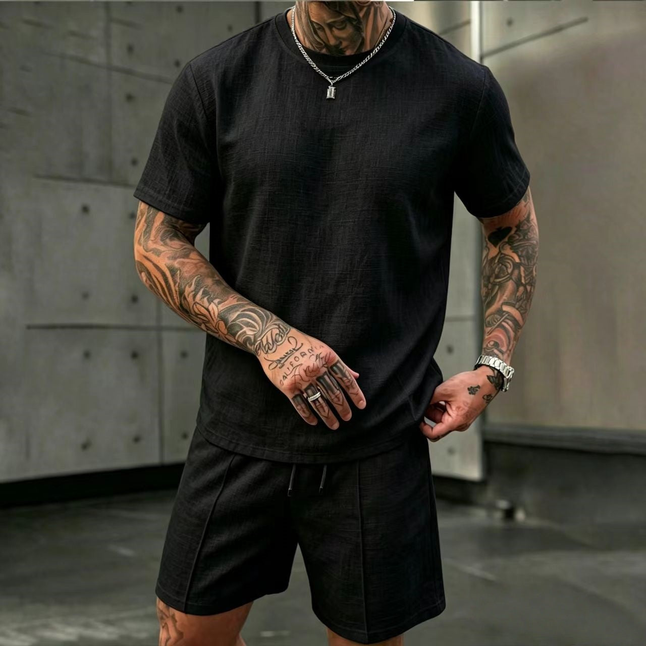 S-3XL Summer Men’s Linen Round-Neck Short-Sleeve Shorts Set For Vacation