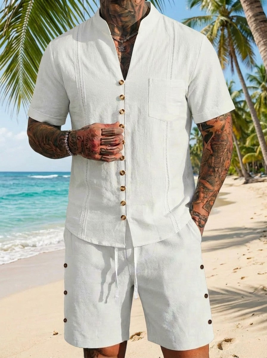 Men's Linen Solid Color Breathable Eco-Friendly Comfortable Retro Casual Button V-Neck Cardigan Short Sleeve Shirt Shorts Set