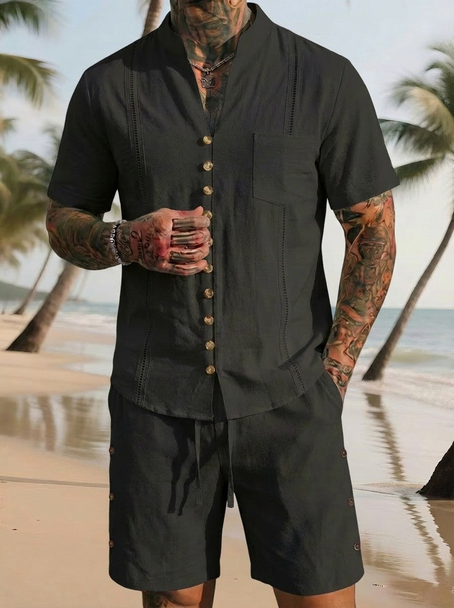 Men's Linen Solid Color Breathable Eco-Friendly Comfortable Retro Casual Button V-Neck Cardigan Short Sleeve Shirt Shorts Set