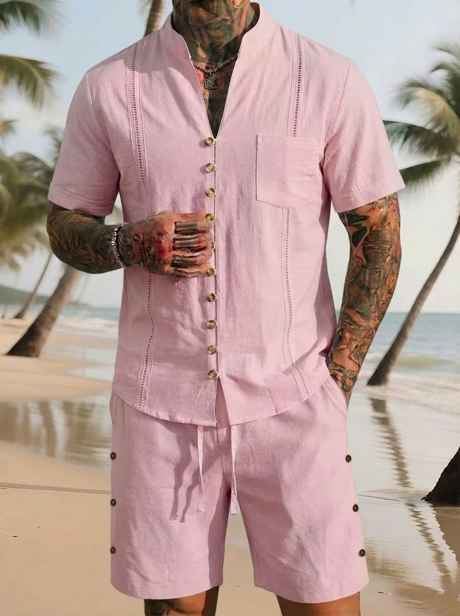 Men's Linen Solid Color Breathable Eco-Friendly Comfortable Retro Casual Button V-Neck Cardigan Short Sleeve Shirt Shorts Set