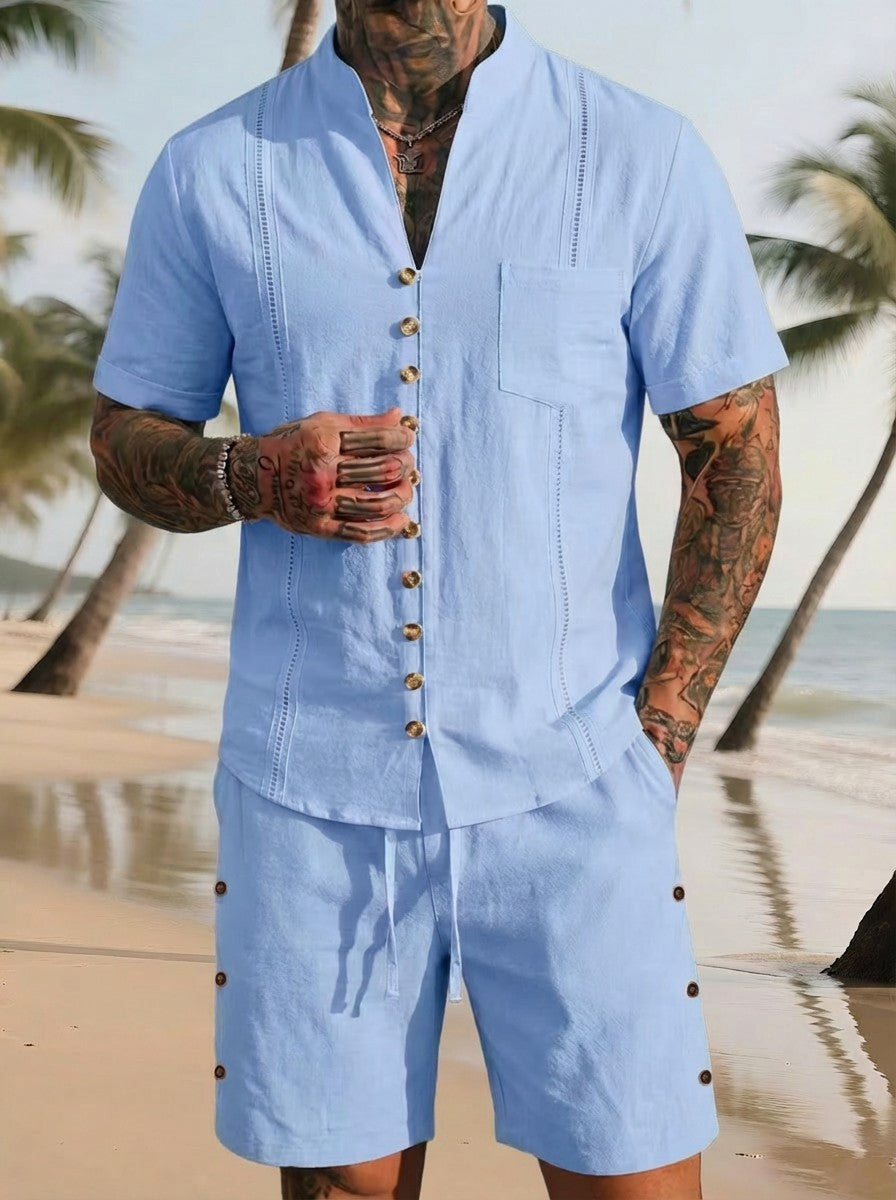 Men's Linen Solid Color Breathable Eco-Friendly Comfortable Retro Casual Button V-Neck Cardigan Short Sleeve Shirt Shorts Set