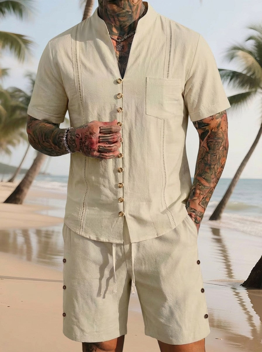 Men's Linen Solid Color Breathable Eco-Friendly Comfortable Retro Casual Button V-Neck Cardigan Short Sleeve Shirt Shorts Set
