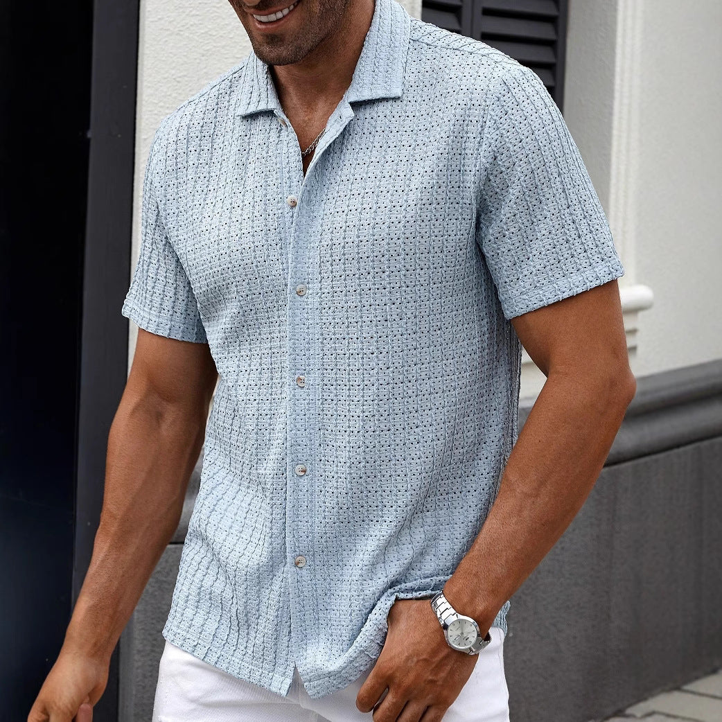 S-2XL Men's Casual Striped Cut-out Lapel Short Sleeve Shirt
