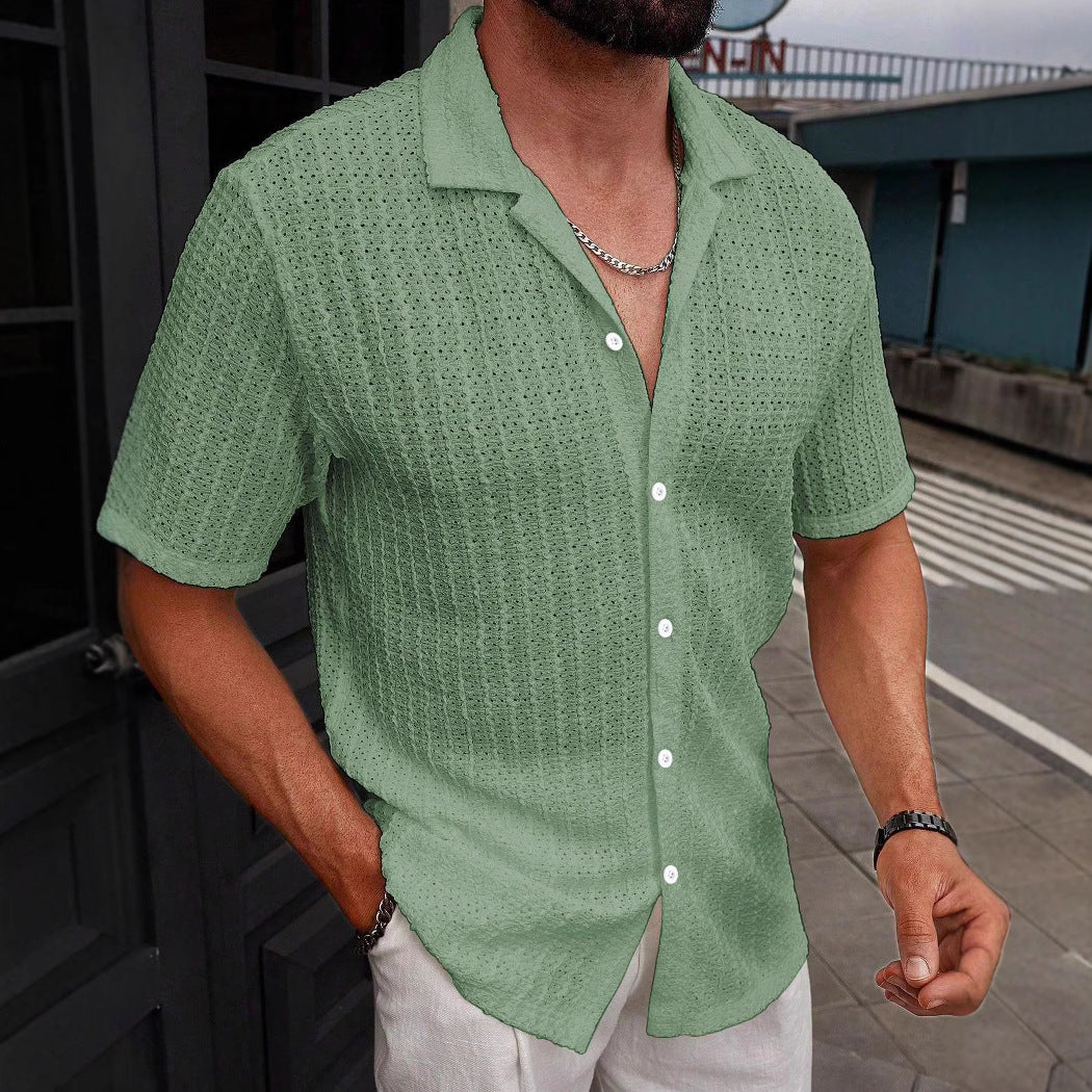 S-2XL Men's Casual Striped Cut-out Lapel Short Sleeve Shirt