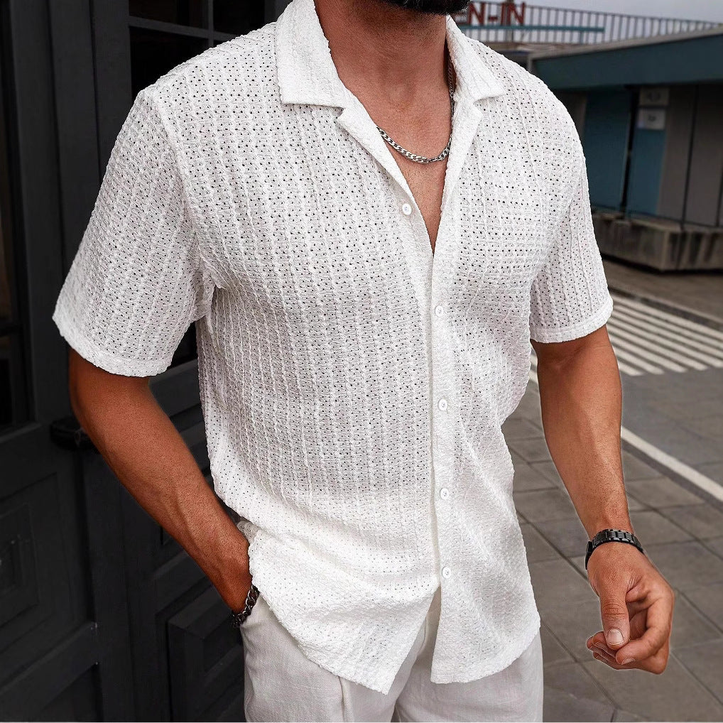 S-2XL Men's Casual Striped Cut-out Lapel Short Sleeve Shirt