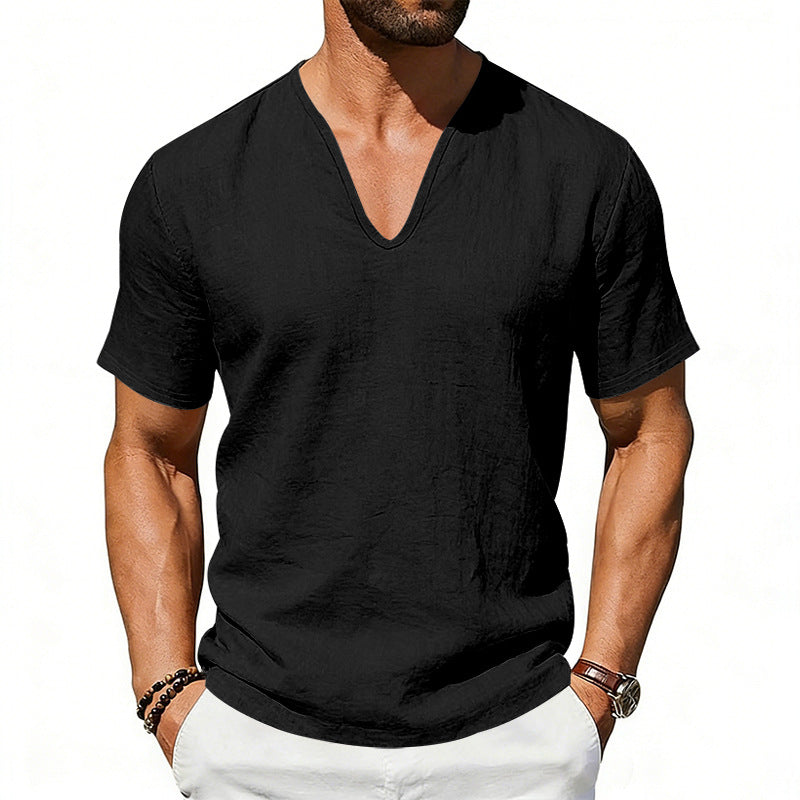 S-3XL Men's Linen Casual Deep V-neck Solid Color T-shirt