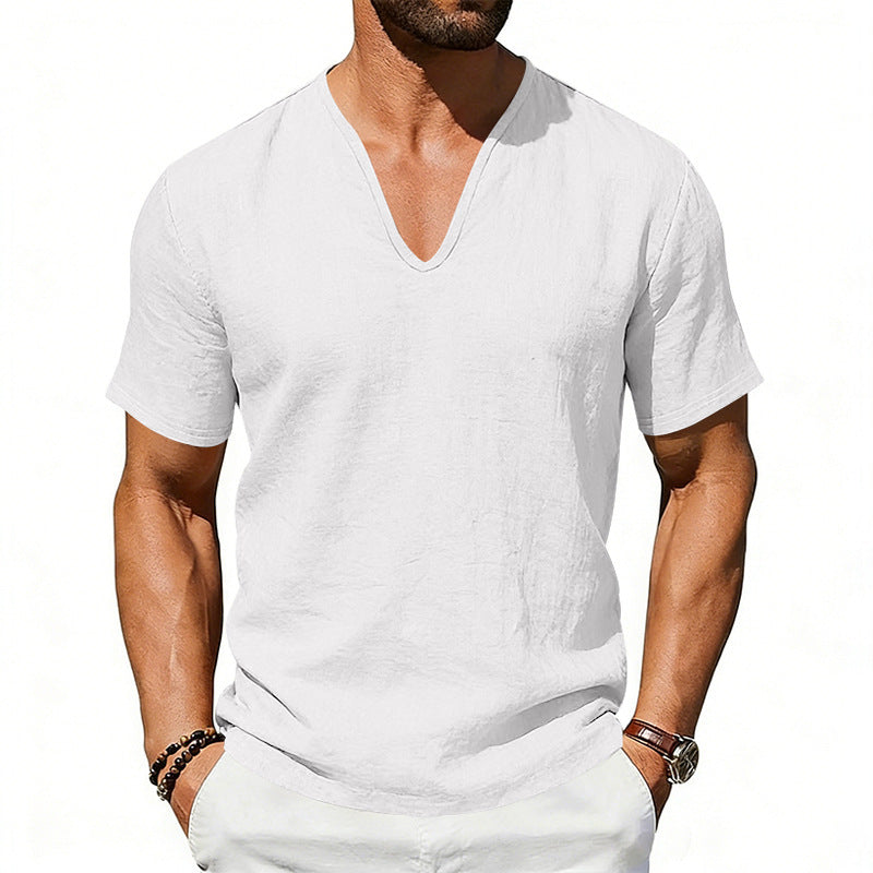 S-3XL Men's Linen Casual Deep V-neck Solid Color T-shirt