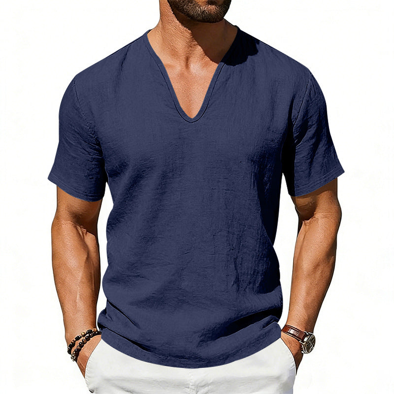 S-3XL Men's Linen Casual Deep V-neck Solid Color T-shirt