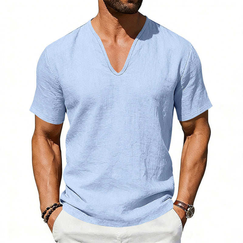 S-3XL Men's Linen Casual Deep V-neck Solid Color T-shirt