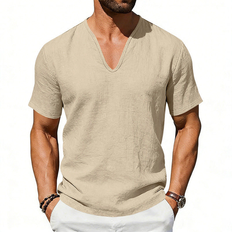 S-3XL Men's Linen Casual Deep V-neck Solid Color T-shirt