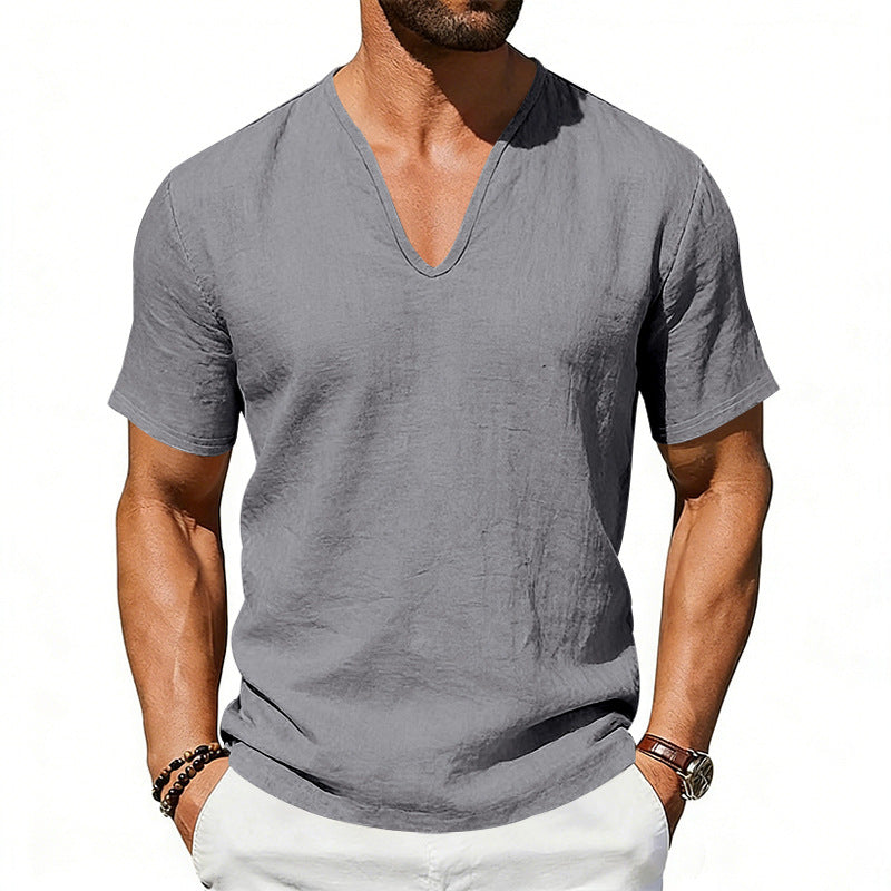 S-3XL Men's Linen Casual Deep V-neck Solid Color T-shirt