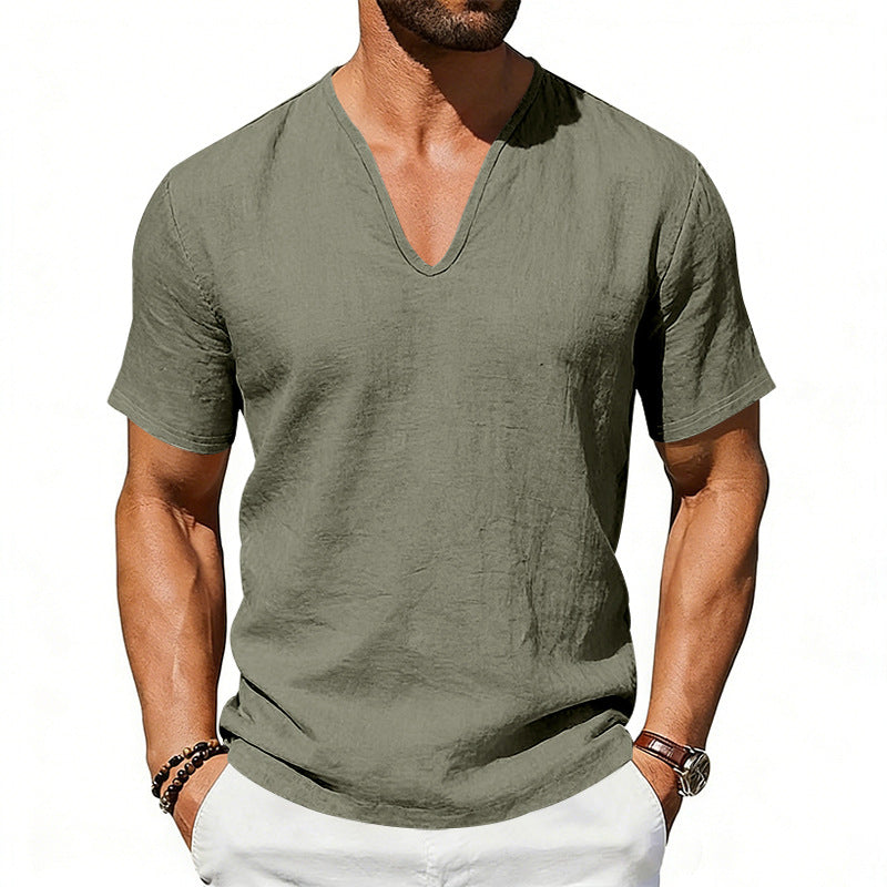 S-3XL Men's Linen Casual Deep V-neck Solid Color T-shirt