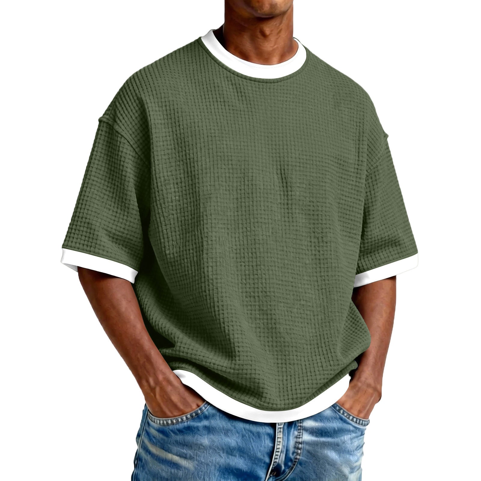 S-5XL Men's Waffling Loose Hollow Short-sleeved Knitted T-shirt