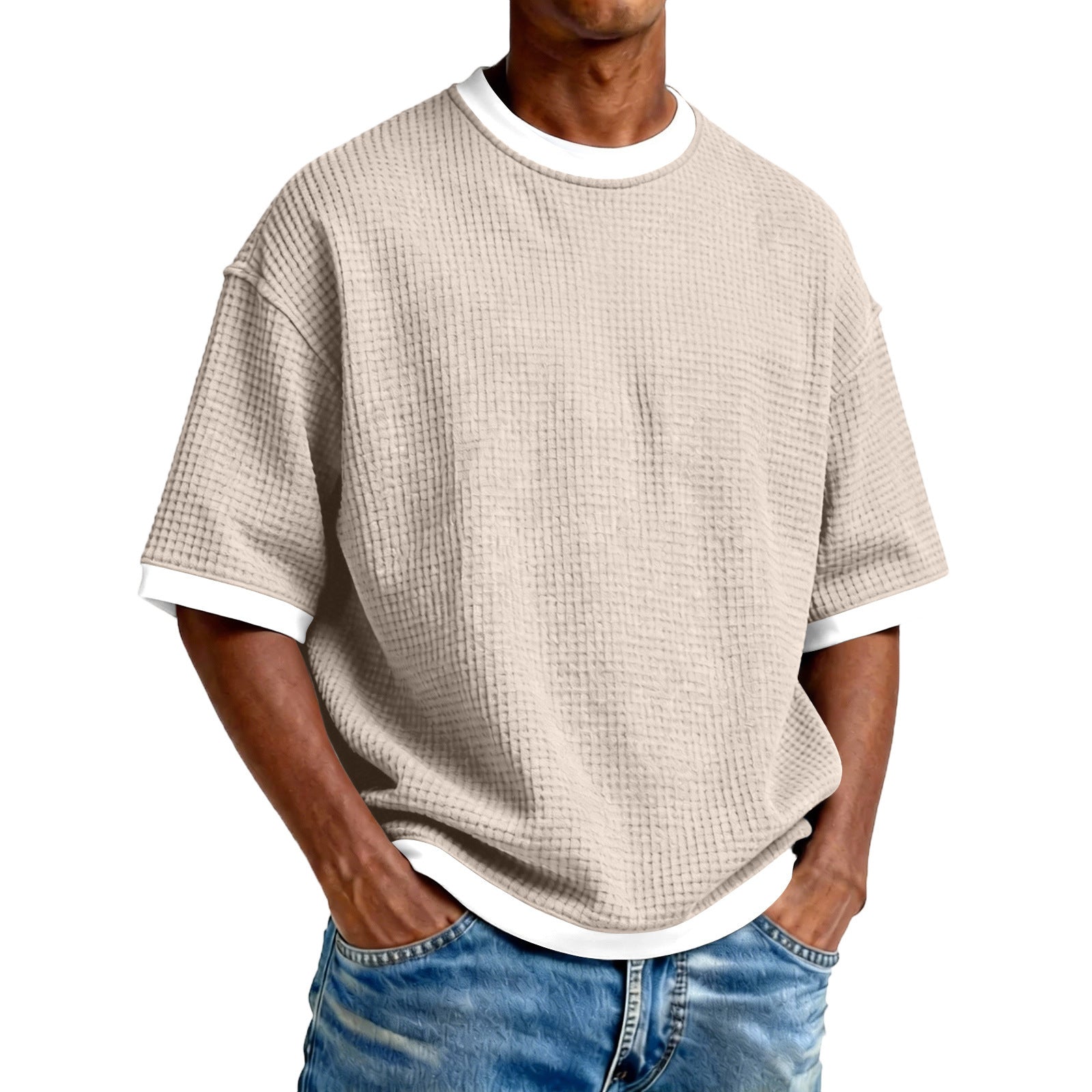 S-5XL Men's Waffling Loose Hollow Short-sleeved Knitted T-shirt