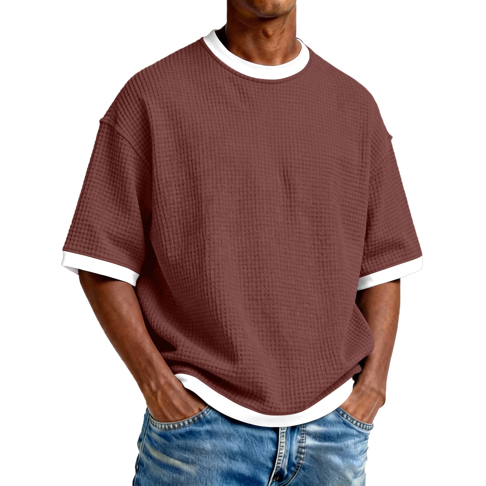 S-5XL Men's Waffling Loose Hollow Short-sleeved Knitted T-shirt