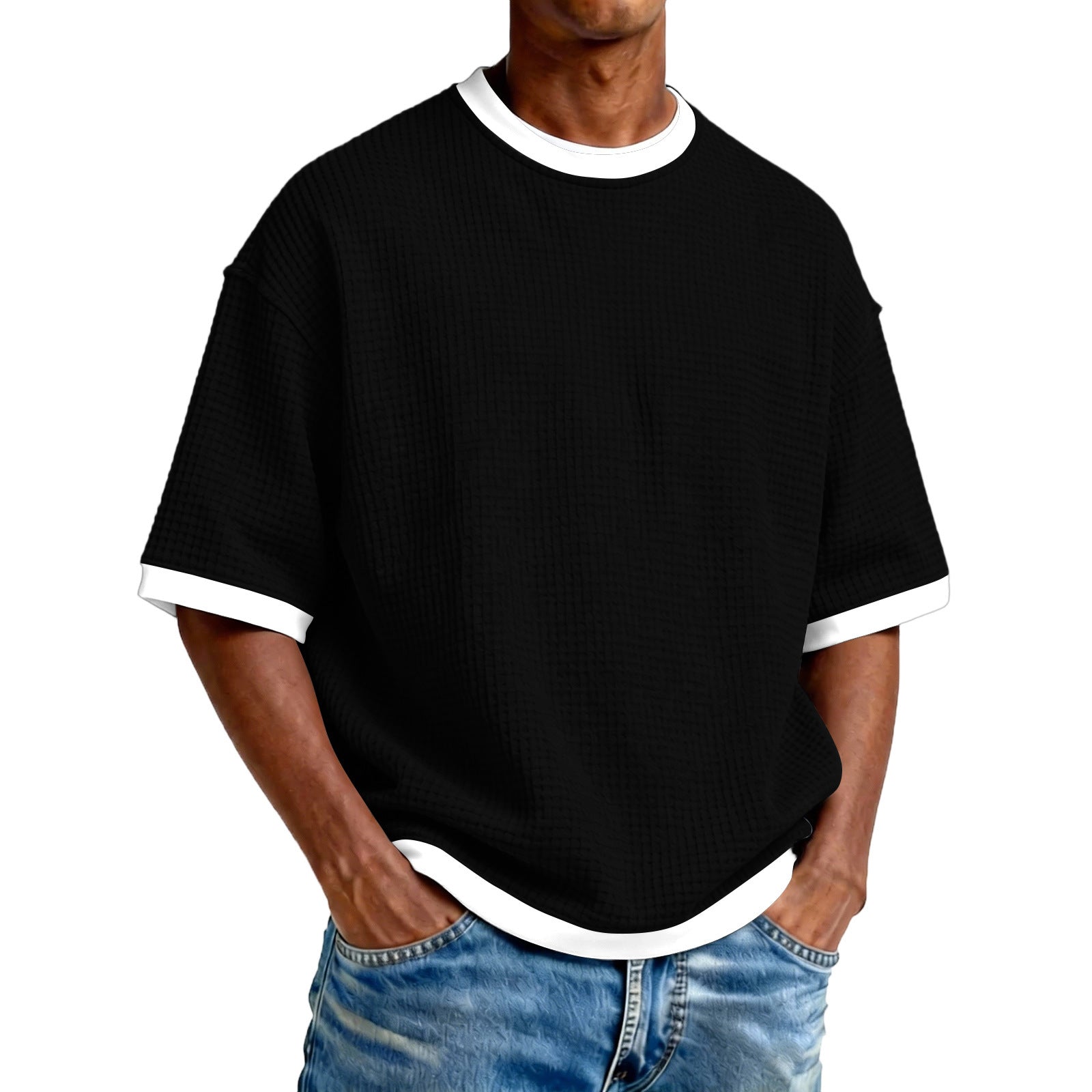 S-5XL Men's Waffling Loose Hollow Short-sleeved Knitted T-shirt