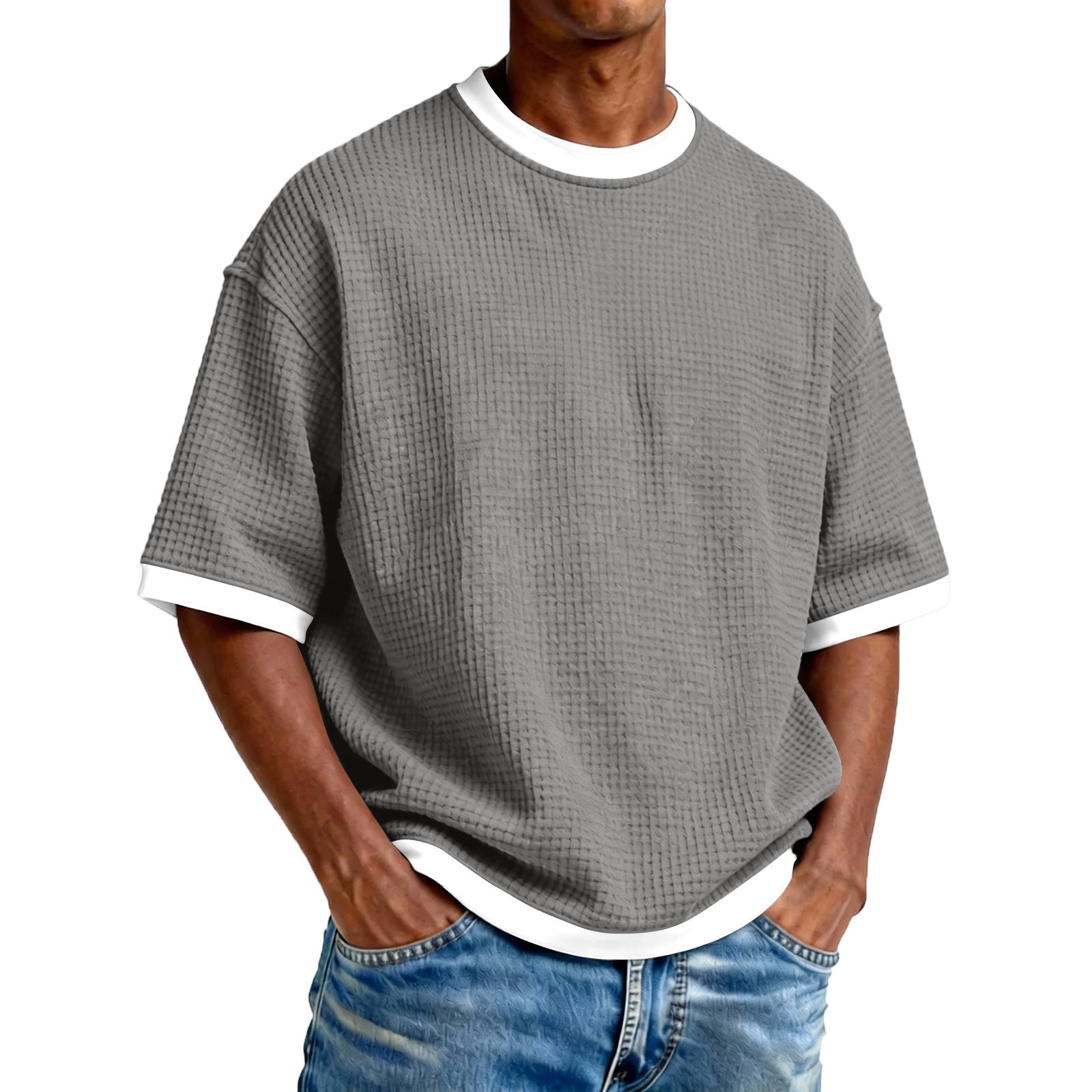 S-5XL Men's Waffling Loose Hollow Short-sleeved Knitted T-shirt