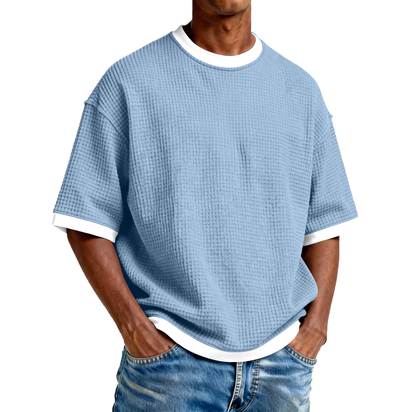 S-5XL Men's Waffling Loose Hollow Short-sleeved Knitted T-shirt