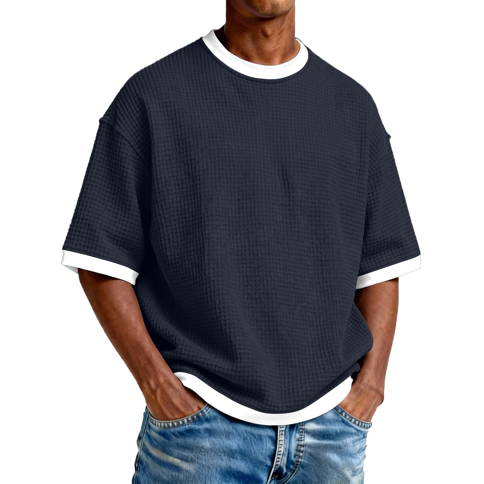 S-5XL Men's Waffling Loose Hollow Short-sleeved Knitted T-shirt