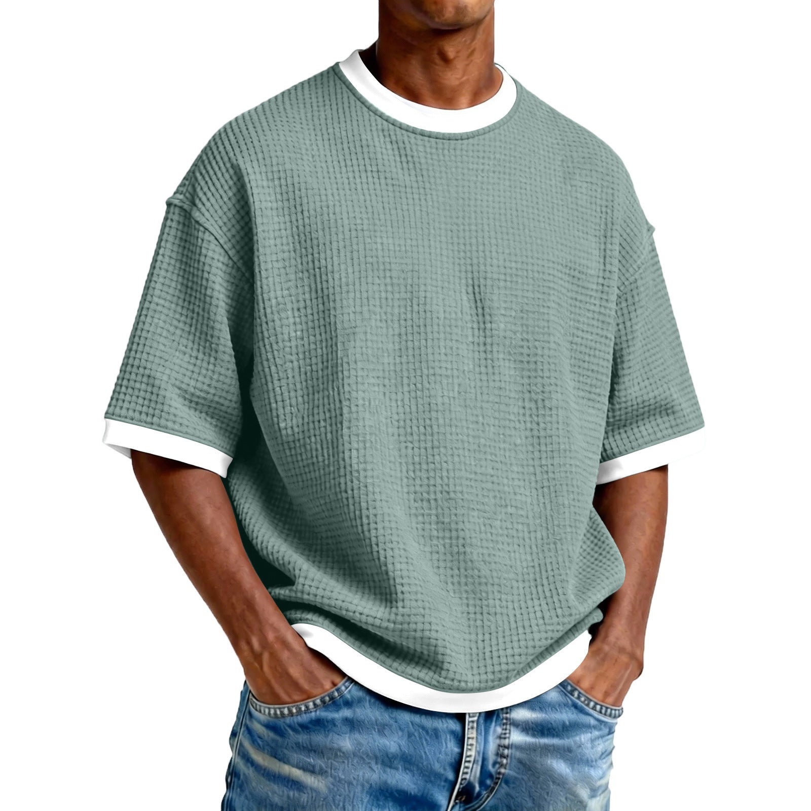 S-5XL Men's Waffling Loose Hollow Short-sleeved Knitted T-shirt