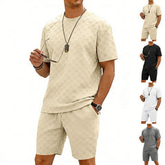 S-3XL Jacquard Checkerboard Solid-color Short-sleeve Shorts Sportswear Set