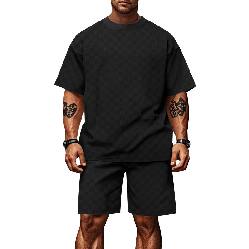 S-3XL Jacquard Checkerboard Solid-color Short-sleeve Shorts Sportswear Set