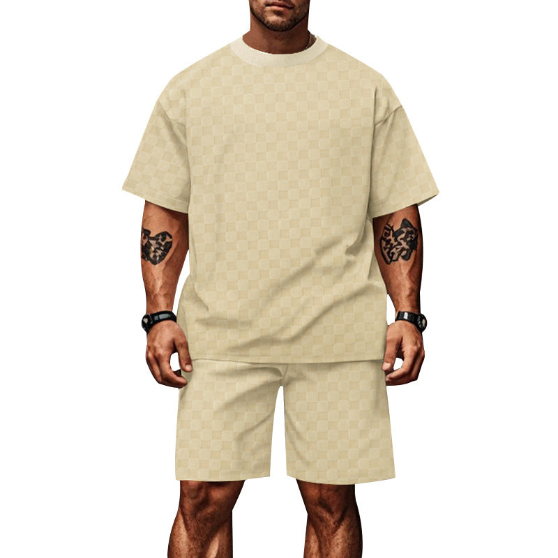 S-3XL Jacquard Checkerboard Solid-color Short-sleeve Shorts Sportswear Set