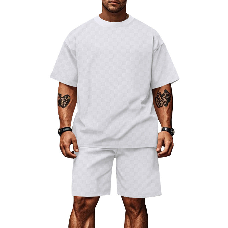 S-3XL Jacquard Checkerboard Solid-color Short-sleeve Shorts Sportswear Set