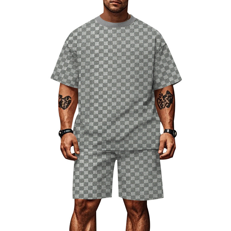 S-3XL Jacquard Checkerboard Solid-color Short-sleeve Shorts Sportswear Set