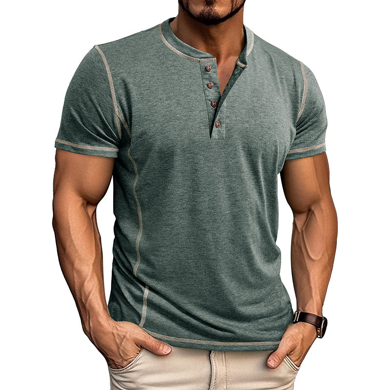 S-3XL Henry Shirt Men's Round Neck Short Sleeve T-shirt