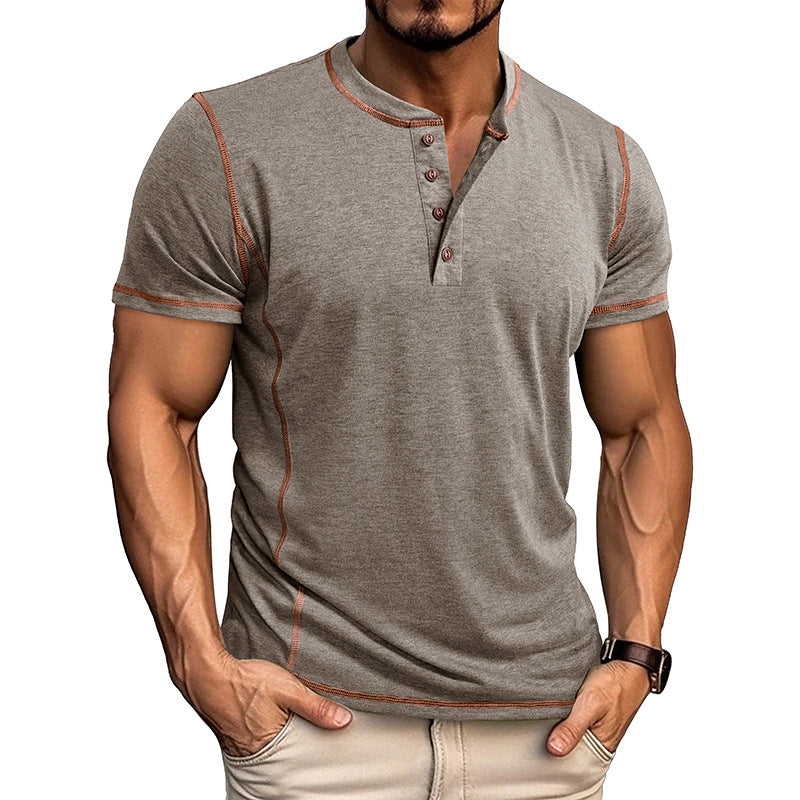 S-3XL Henry Shirt Men's Round Neck Short Sleeve T-shirt
