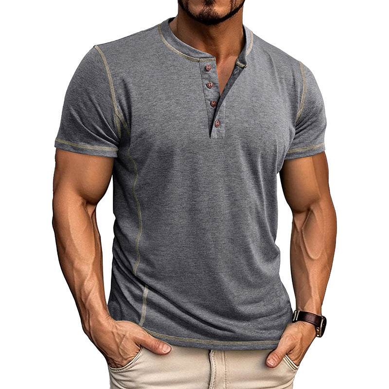 S-3XL Henry Shirt Men's Round Neck Short Sleeve T-shirt