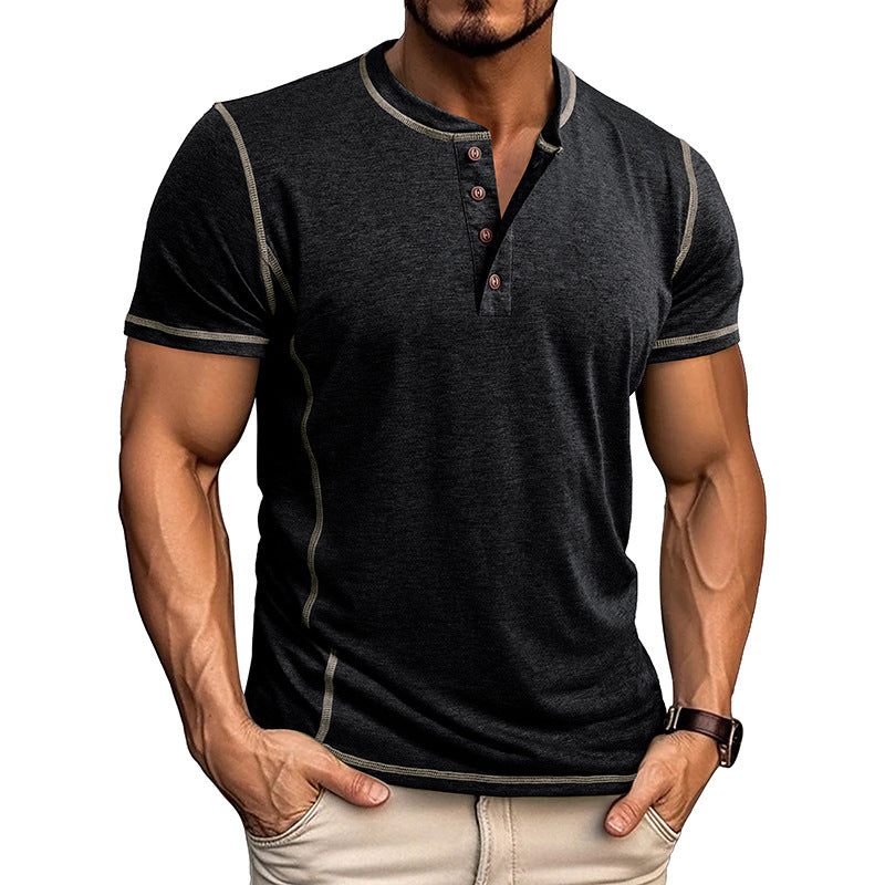 S-3XL Henry Shirt Men's Round Neck Short Sleeve T-shirt