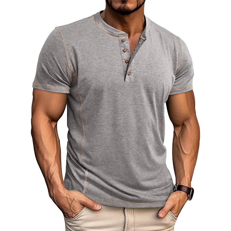 S-3XL Henry Shirt Men's Round Neck Short Sleeve T-shirt