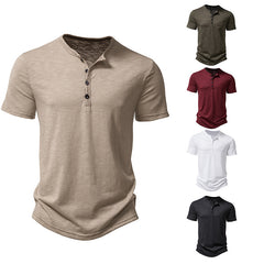S-2XL Men's Henry Collar Solid Color Casual Short Sleeve T-Shirt