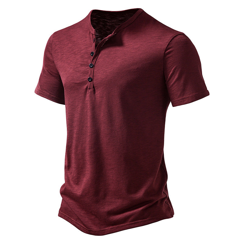 S-2XL Men's Henry Collar Solid Color Casual Short Sleeve T-Shirt