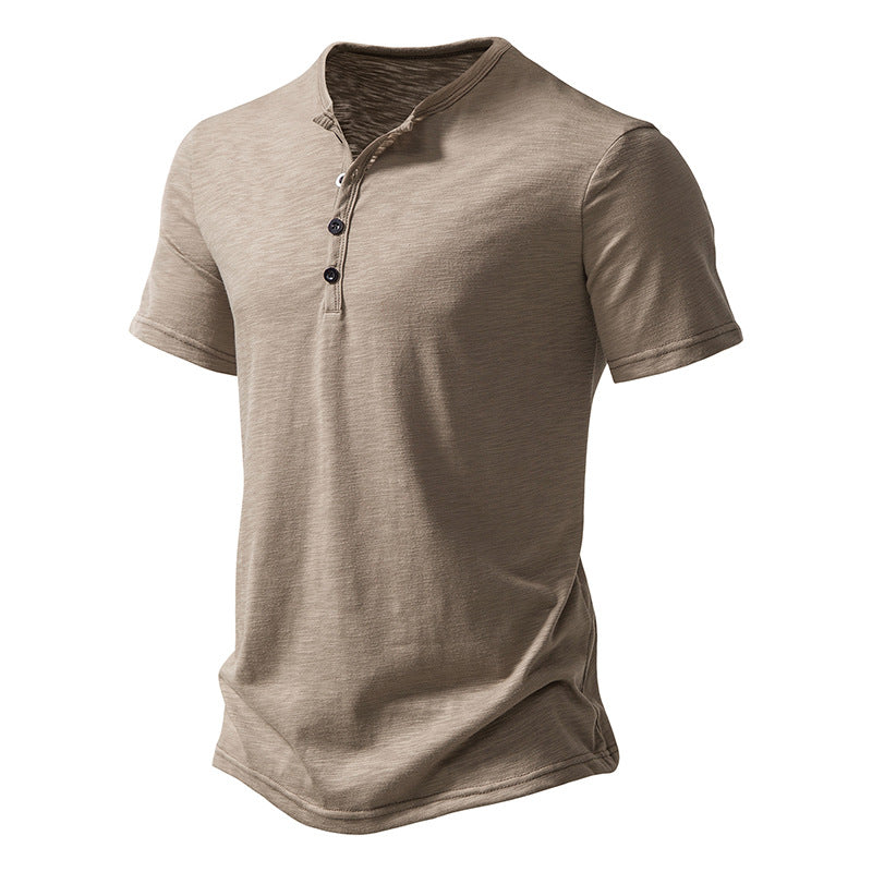 S-2XL Men's Henry Collar Solid Color Casual Short Sleeve T-Shirt