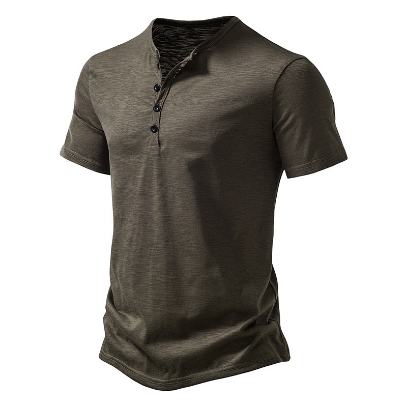 S-2XL Men's Henry Collar Solid Color Casual Short Sleeve T-Shirt