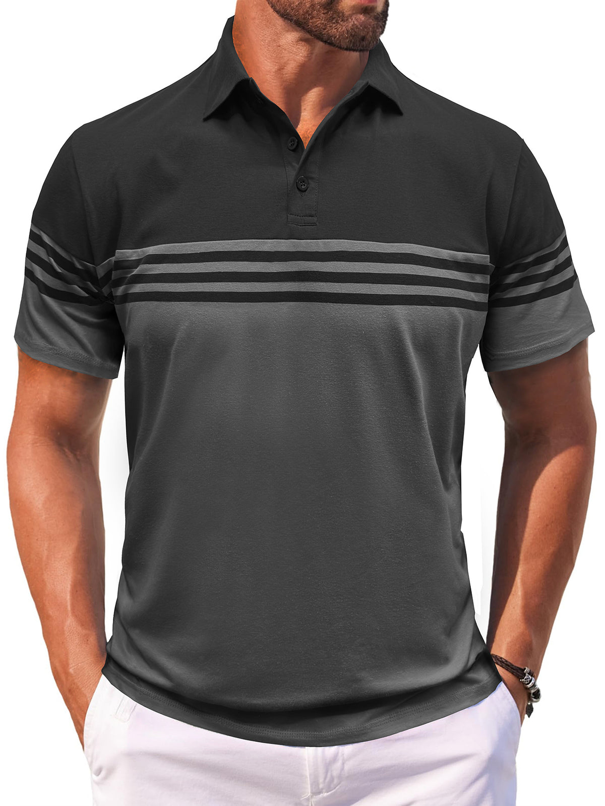 S–3XL Men’s Short-Sleeve Striped Polo Shirt With Lapel Collar