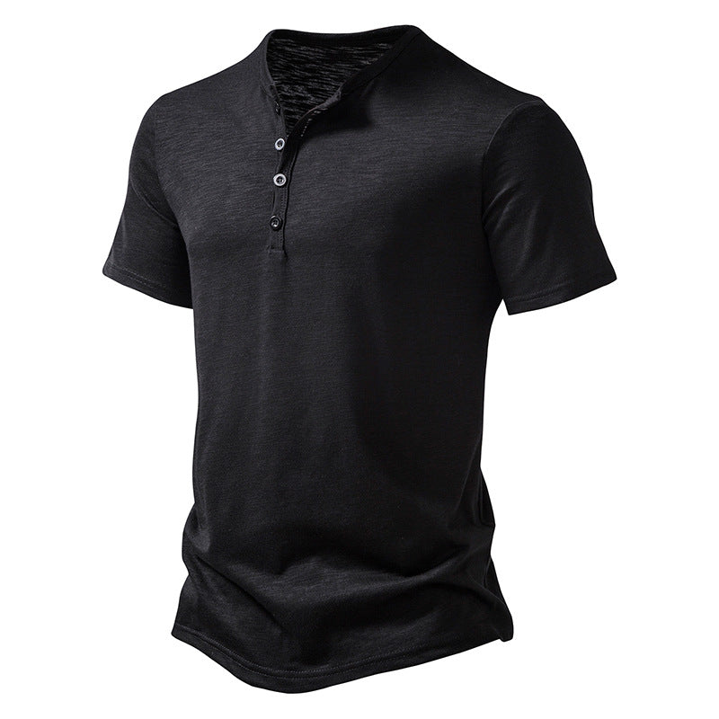S-2XL Men's Henry Collar Solid Color Casual Short Sleeve T-Shirt