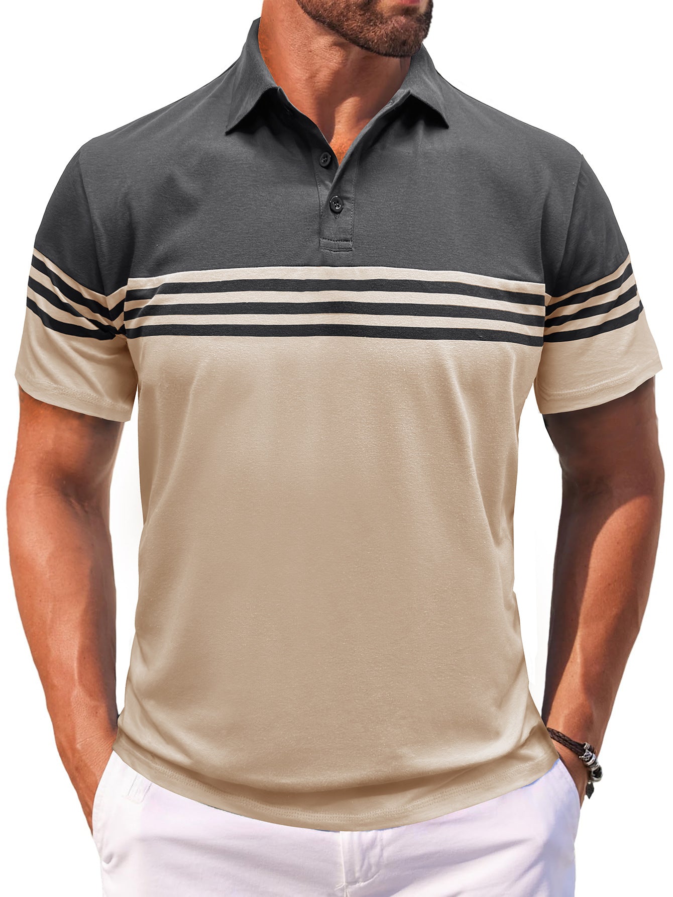 S–3XL Men’s Short-Sleeve Striped Polo Shirt With Lapel Collar