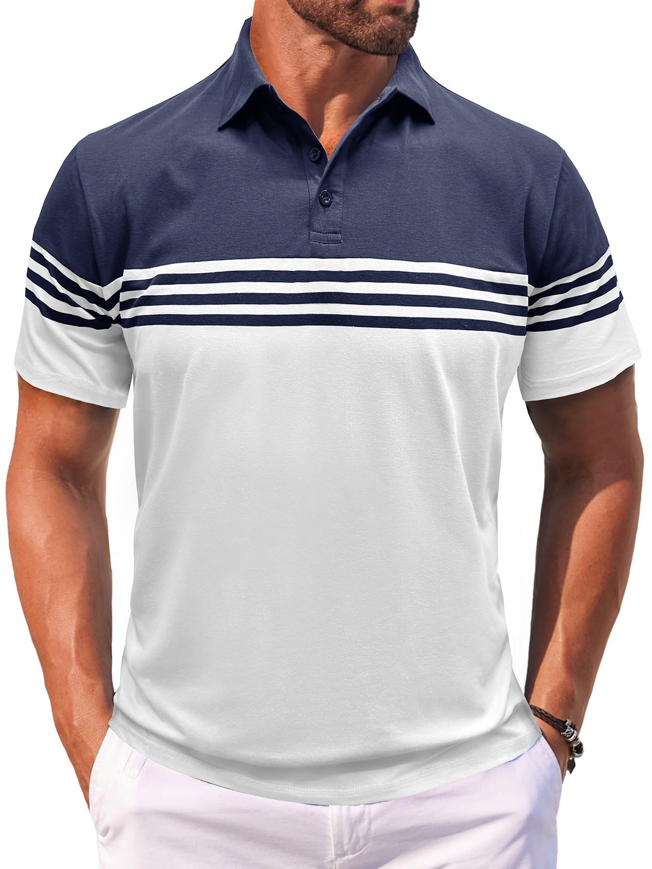 S–3XL Men’s Short-Sleeve Striped Polo Shirt With Lapel Collar