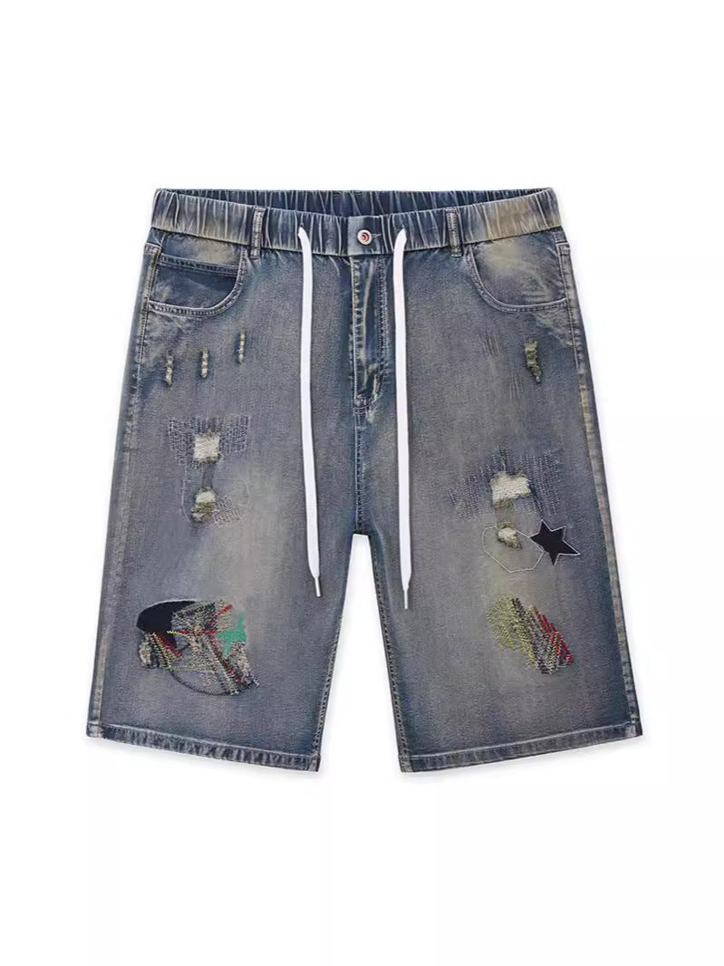 2XL-8XL Plus Size Stretch Patch Denim Shorts With Embroidered Holes