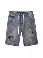 2XL-8XL Plus Size Stretch Patch Denim Shorts With Embroidered Holes